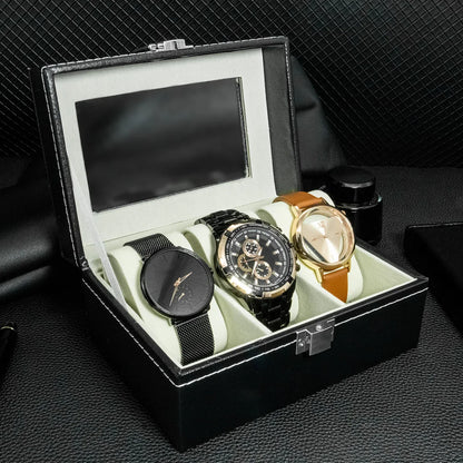 PU Leather Watch Display Box — Glass Top Storage Organizer with Slots for Men’s Watches, Perfect Gift