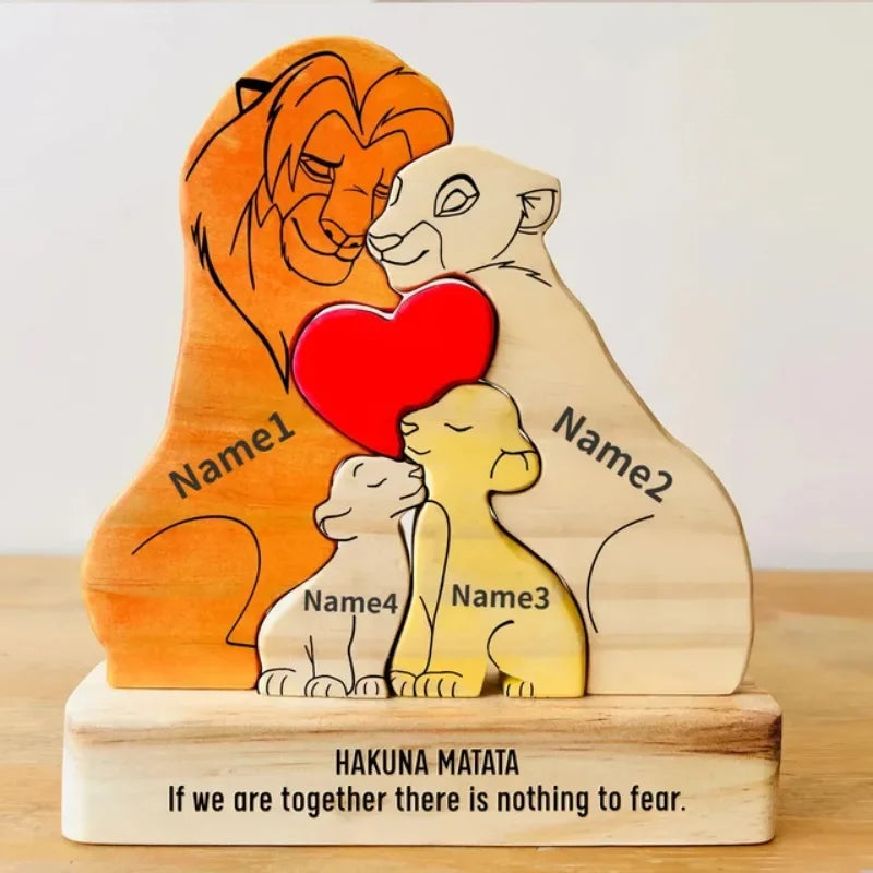 Personalized Wooden Lion Family Puzzle — Custom Name Art Puzzle for Home Decor, Anniversary & Warm Family Gift Keepsake