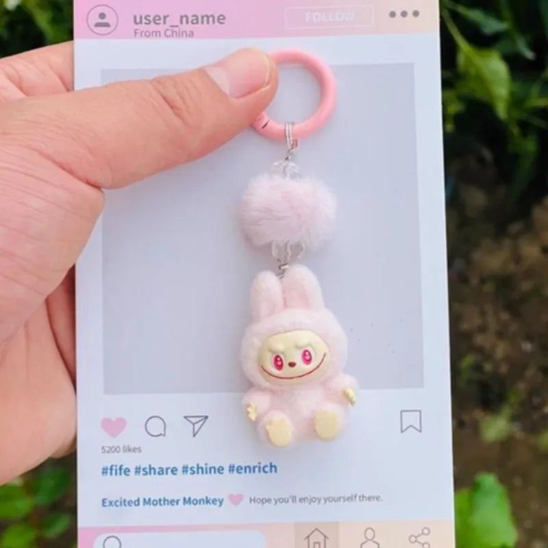 Labubu Mini Flocking Doll Keychain – Standing & Sitting Car, Bag, Phone, Backpack Charm Gift
