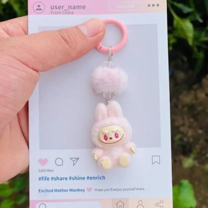 Labubu Mini Flocking Doll Keychain – Standing & Sitting Car, Bag, Phone, Backpack Charm Gift