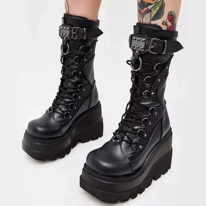 Brand New Women’s Goth Platform Boots – Punk Rivet Buckle Wedge High Heel Party Street Cosplay Shoes