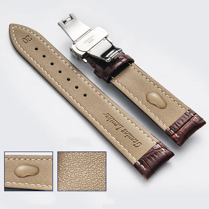 Genuine Leather Watch Strap with Wooden Box – Butterfly Clasp Bracelet 18-24mm Wristband