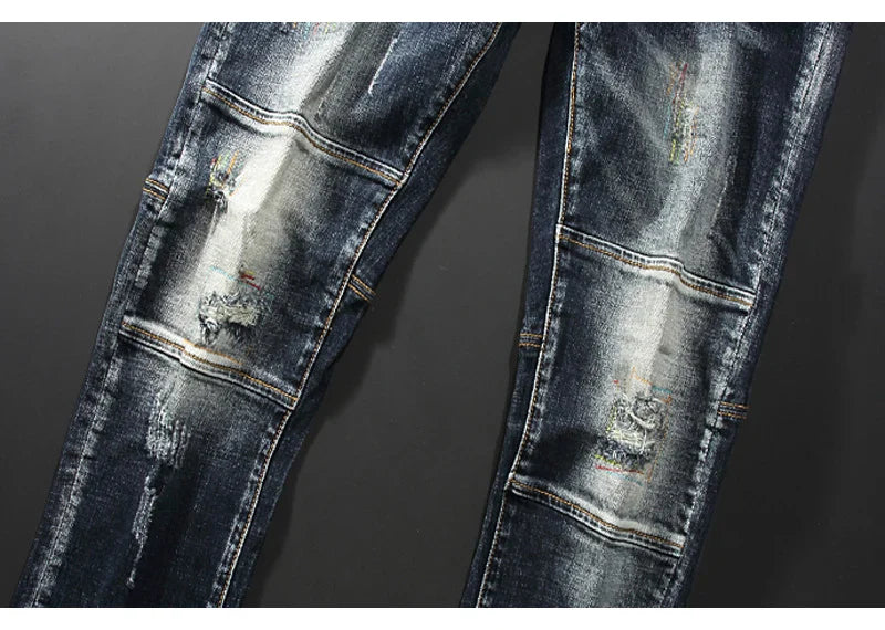 Streetwear Men’s Slim Fit Ripped Jeans – Retro Black & Blue Spliced Denim with Designer Embroidery, Hip Hop Fashion