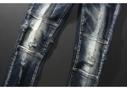 Streetwear Men’s Slim Fit Ripped Jeans – Retro Black & Blue Spliced Denim with Designer Embroidery, Hip Hop Fashion