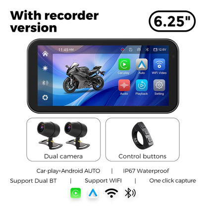 Portable 6.25-Inch Motorcycle GPS Navigation with Wireless CarPlay & Android Auto – IP67 Waterproof, DVR Drive Recorder, WIFI Moto Monitor