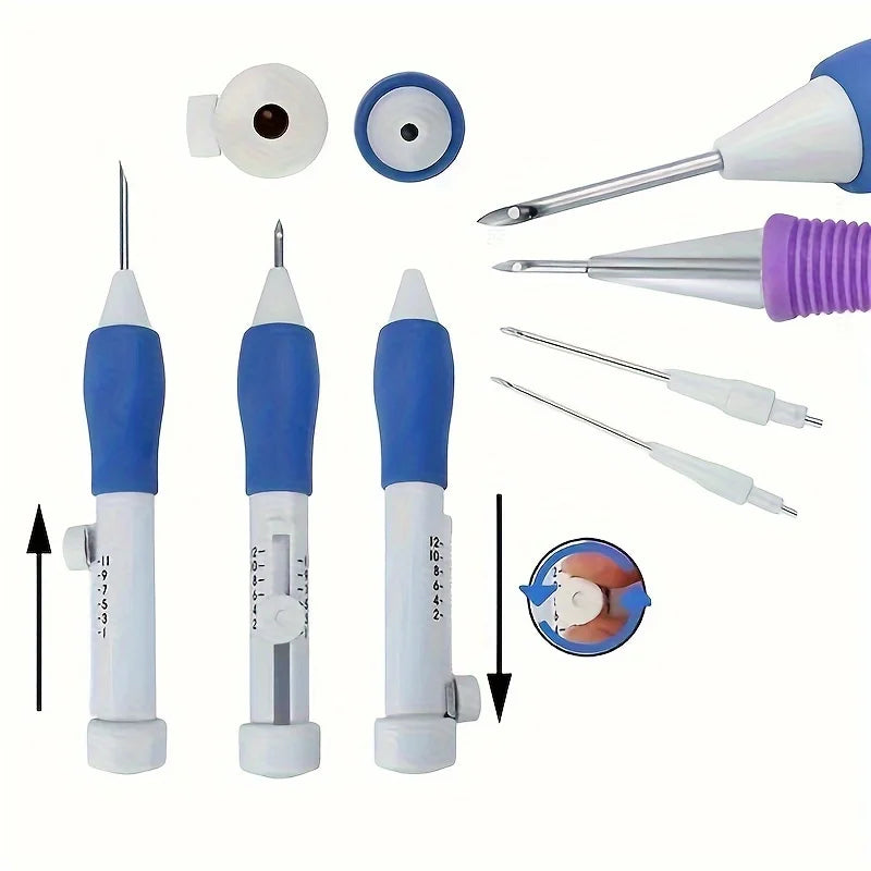Adjustable Magic Embroidery Pen Set – 3 Needles, Threader & Scissors, Ergonomic Punch Needle Tool for DIY Sewing Crafts