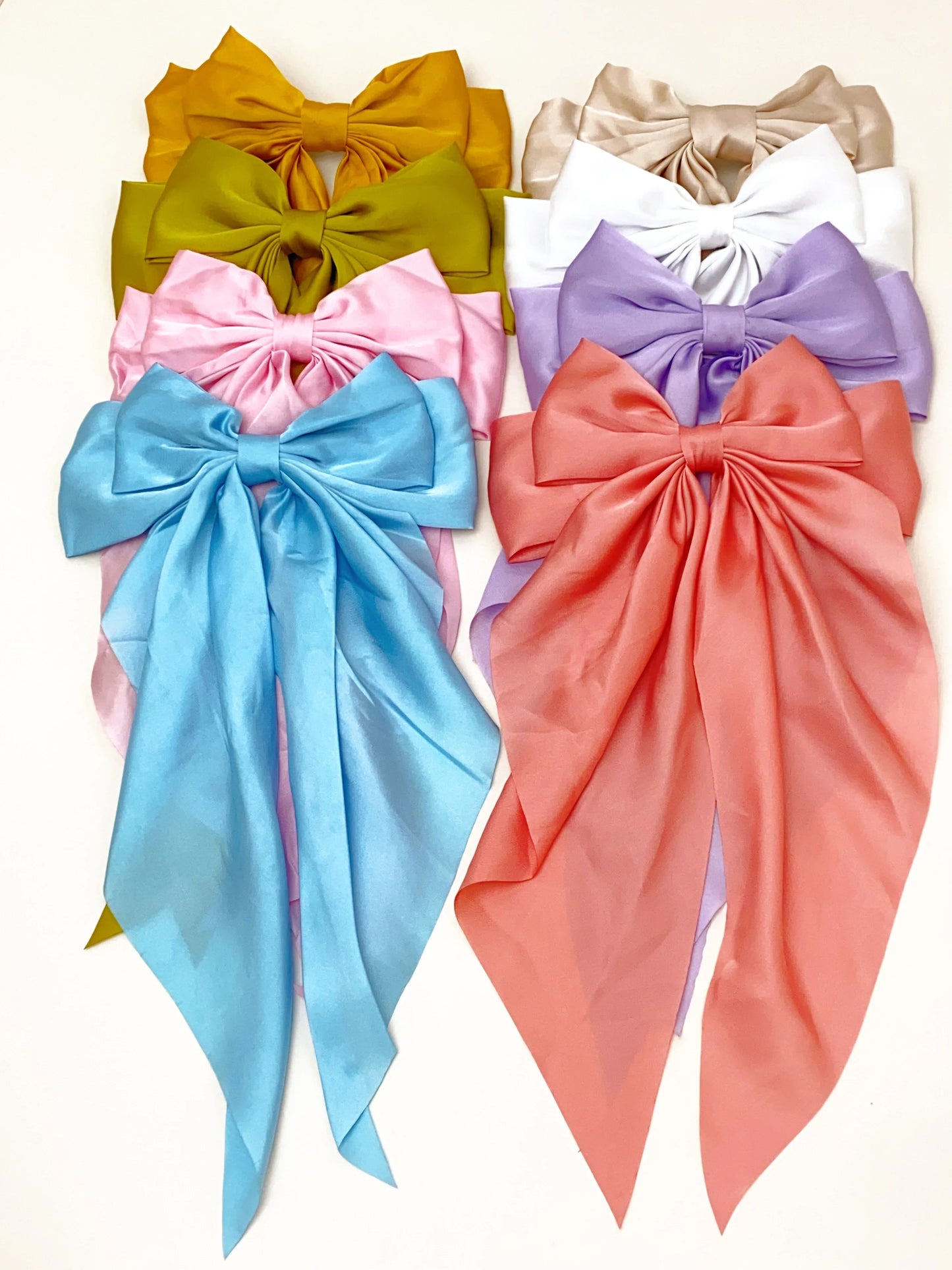 8 Ladies Satin Ribbon Bow Hair Clips – Oversized White, Pink, Red, Blue, Black Long Tail, Spring Clip for Ponytail Hair Accessories