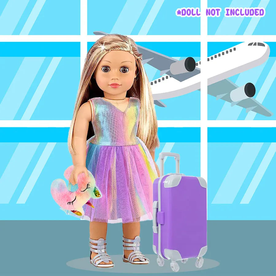 18-Inch Doll Clothes & Accessories Travel Set – Includes Pillow, Unicorn Bag, Camera, Computer, Phone & Passport, Gift for Kids