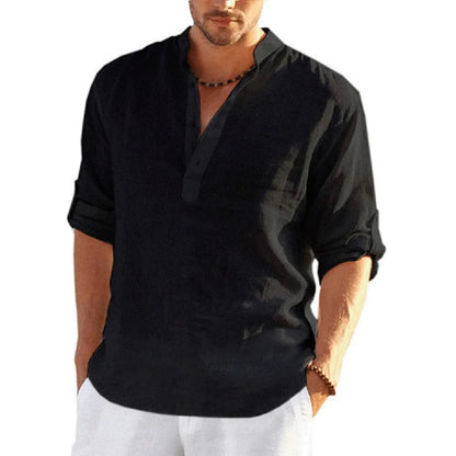 Men’s Cotton Linen Long Sleeve Casual Shirt Loose Fit Breathable Spring Autumn Buttonless Blouse Style Top Fashion Tee S-3XL