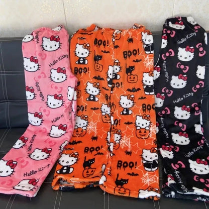 2024 Sanrio Hello Kitty Pajamas – Halloween Flannel Fashion Trousers for Women, Kawaii Woolen Anime Cartoon Casual Home Pants