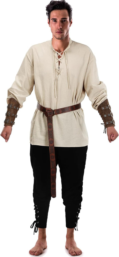 Jiuguva 4-Pcs Halloween Men's Renaissance Costume Set – Medieval Pirate Shirt, Ankle Banded Pants & Viking Belt Accessories