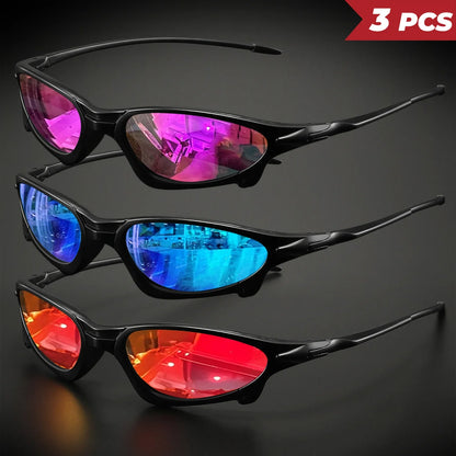 3PCS Futuristic Sports Sunglasses Set – Small Frame Wraparound UV400 Eyewear | Colorful Cycling, Fishing & Travel Protective Outdoor Sunglasses