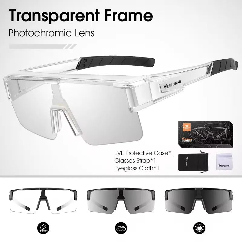 WEST BIKING Large Frame Cycling Glasses — Polarized Photochromic Sunglasses Fit Over Myopic Goggles