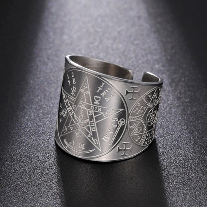 Witchcraft Pentagram Tetragrammaton Ring - Stainless Steel Pentacle Protection Amulet Ring for Men