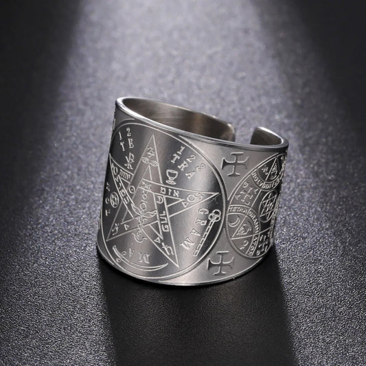 Witchcraft Pentagram Tetragrammaton Ring - Stainless Steel Pentacle Protection Amulet Ring for Men