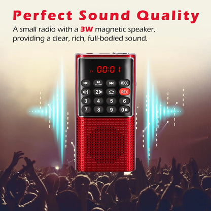 PRUNUS J-328 Mini Portable Pocket FM Radio: Handheld MP3 Walkman with Recorder & Rechargeable Battery - Ideal for Hiking