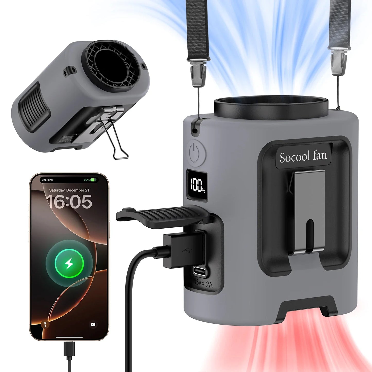 Socool 5000mAh Portable Waist & Neck Fan – 4-Speed 13000RPM Rechargeable Hanging Fan with Power Bank for Outdoor Work & Travel