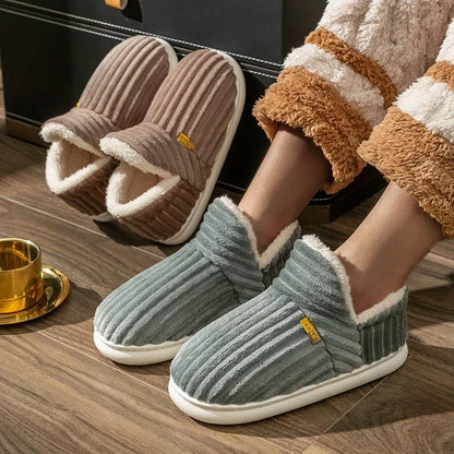 Winter Couple Style Plush Slippers | Solid Color Wrap-Heel Design | Non-Slip Warm Flip Flops | Cotton Home Casual Shoes for Women & Men