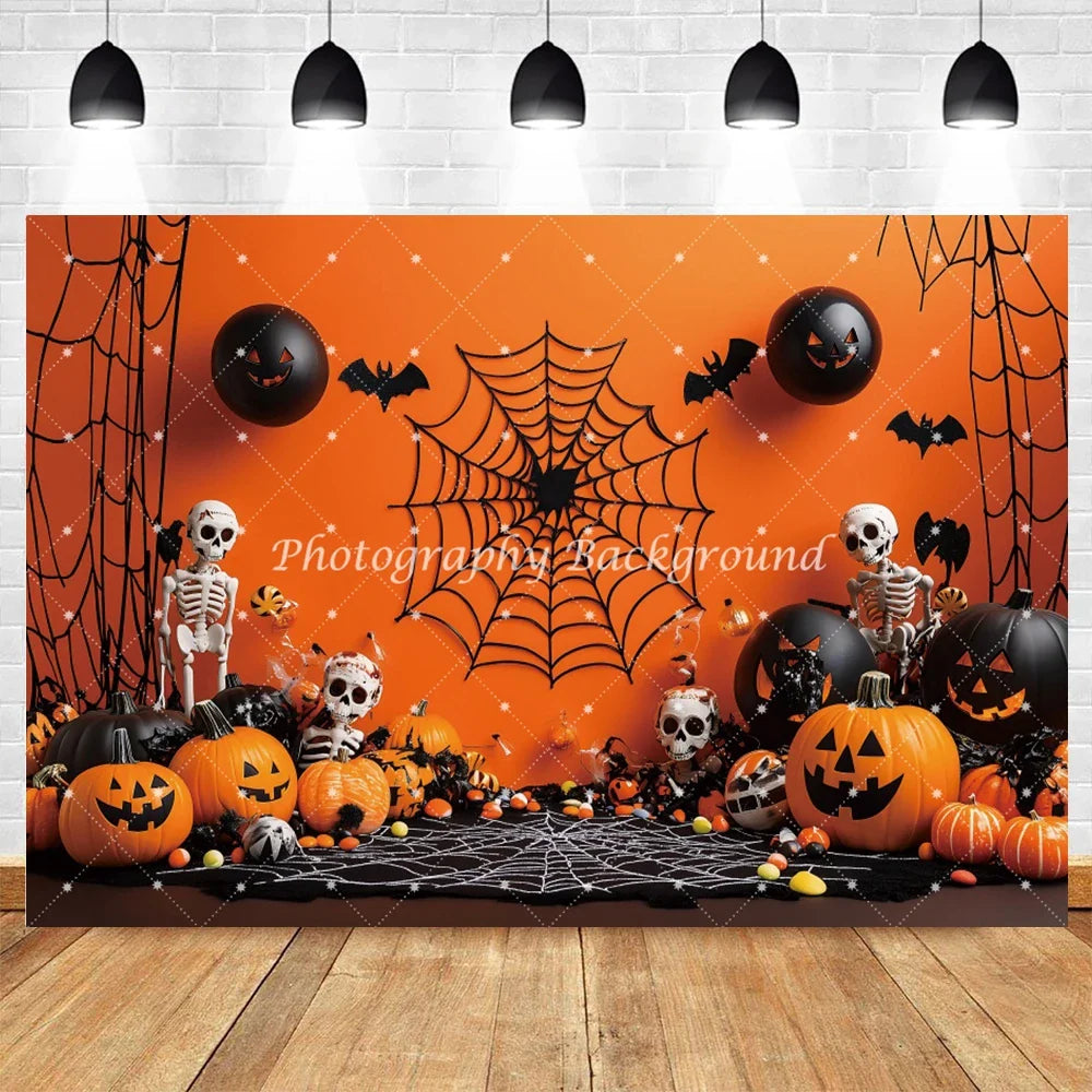 Halloween Orange Pumpkin Skull Spider Web Bat Backdrop – Spooky Photo Background Decoration