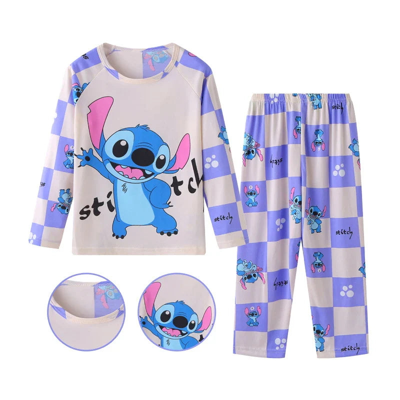 New Spring Children’s Pajama Set – Stitch & Angel Long-Sleeve Sleepwear with Pants for Boys & Girls