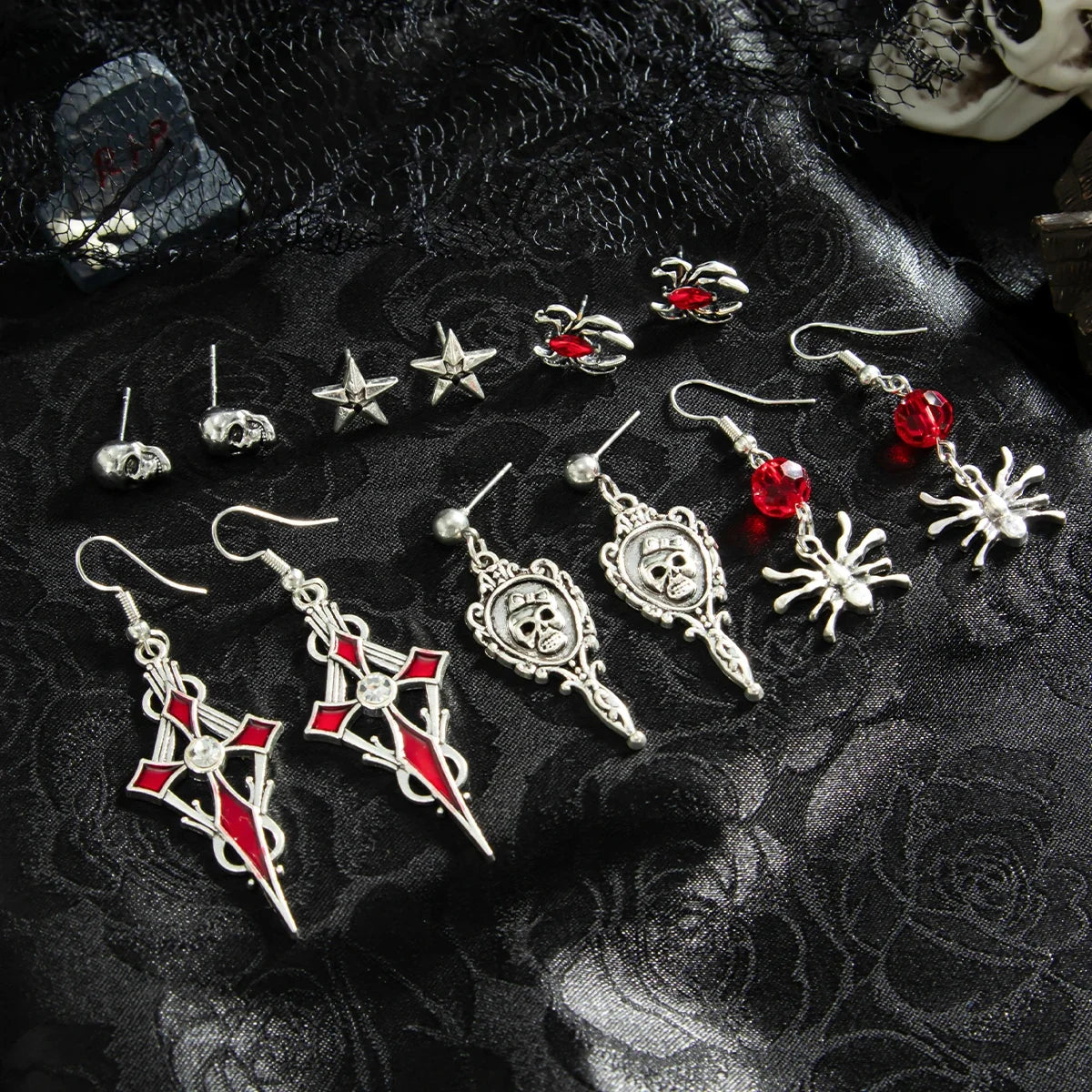 Halloween Crystal Skull Spider Drop Earrings - Gothic Red Crystal Cross and Rose Metal Earrings for Women
