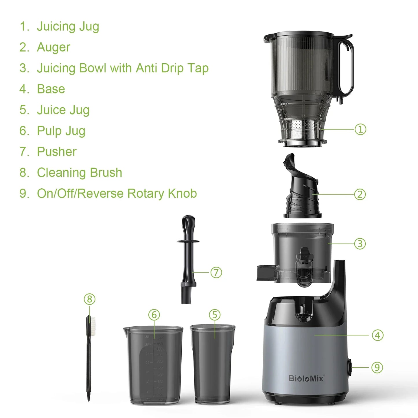 BioloMix Cold Press Juicer — 130mm Feed Chute, Whole Fruit & Veg, High Yield BPA-Free Slow Masticating Juicer