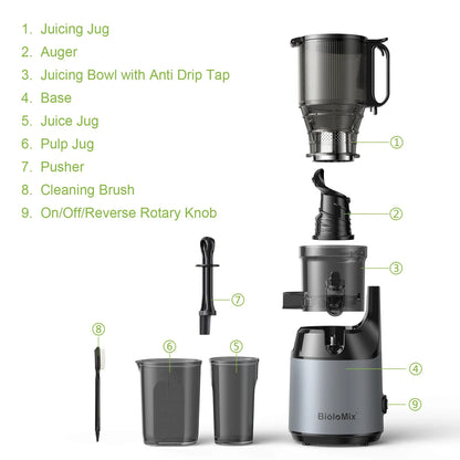BioloMix Cold Press Juicer — 130mm Feed Chute, Whole Fruit & Veg, High Yield BPA-Free Slow Masticating Juicer