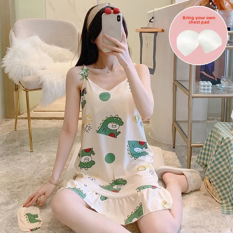 Women’s Cartoon Animal Pajama Set - Cute Loose Sling Nightgown with Bra Pad & Free Eye Mask for Sleepwear