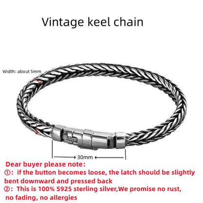 100% S925 Sterling Silver Handmade Woven Bracelet — Retro Domineering Style for Men & Women, Pure Silver Jewelry