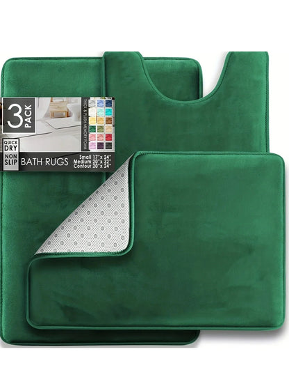 3PC Velvet Memory Foam Bathroom Rug Set - Ultra Soft, Non-Slip, Quick-Dry Machine Washable Bath Mats