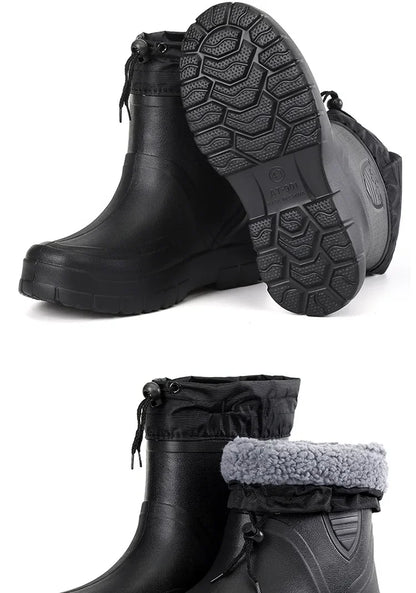 Winter Windproof Cotton Rain Boots for Men, Warm Waterproof Ankle Rain Shoes, Slip-On Fashion Work Boots, 2024