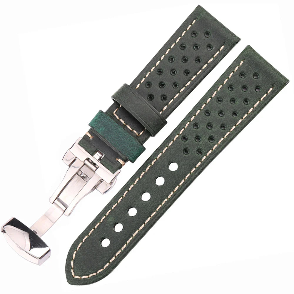 Genuine Leather Watch Band 20mm 22mm 24mm — Vintage Cowhide Strap with Deployment Clasp for Samsung Galaxy Watch 3/4