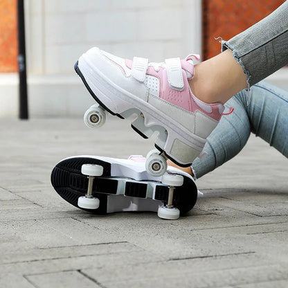 Dual Purpose Roller Skates Shoes - Adjustable Double Row 4-Wheel Deformation Roller Sneakers for Kids & Teens Size 33-44