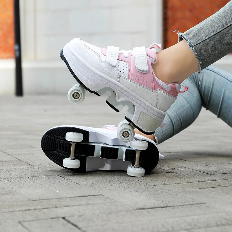 Dual Purpose Roller Skates Shoes - Adjustable Double Row 4-Wheel Deformation Roller Sneakers for Kids & Teens Size 33-44