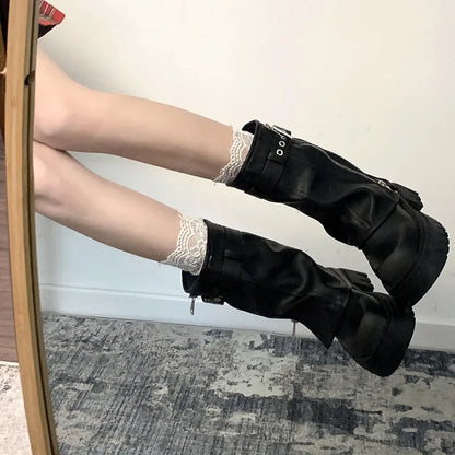 Women’s Winter Biker Boots – Fashion Belt Buckle Platform Short Booties, Casual Knight-Style Flats