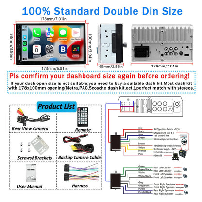 7" Wireless 2DIN Car Radio Stereo – HD Touchscreen CarPlay Android Auto Video Player with Bluetooth, FM & Rear View Camera