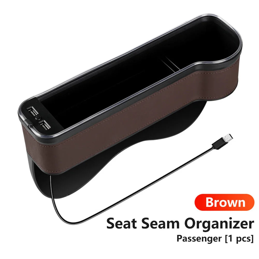 Car Crevice Storage Box with 2 USB Charger – LED Seat Gap Organizer, Phone, Bottle, and Cup Holder