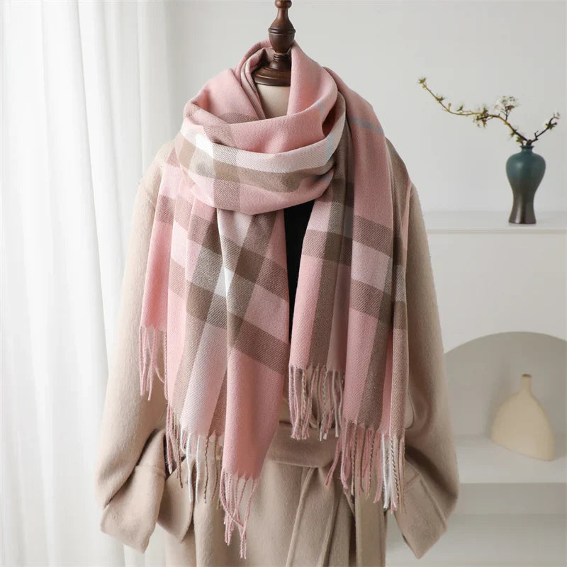 Luxury Brand Winter Plaid Cashmere-Like Blanket Scarf - Thick Warm Pashmina Shawl Wrap with Tassels, Poncho Stoles Echarpe