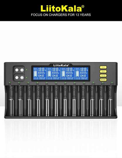 LiitoKala Lii-S12/Lii-S8 Battery Charger – LCD 18650, 21700, 26650, 26700, 20700, 18350, 9V IMR, NiMH/Cd, AA & AAA Rechargeable Batteries