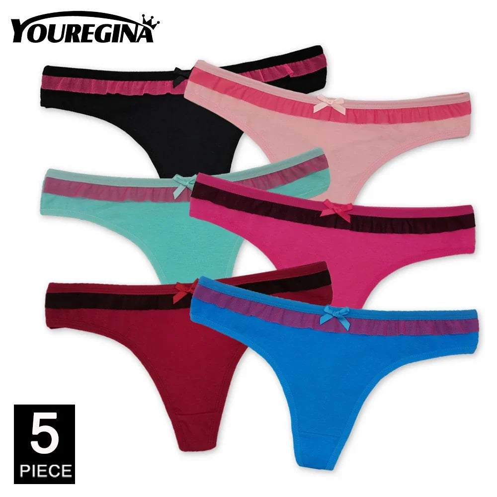 5 Pcs Women’s Cotton Thong Panties Set - Sexy Dot Star Print G-String Tanga Lingerie Intimate Underwear