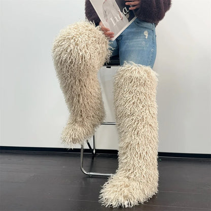 Women’s Faux Mongolian Fur Thigh High Boots - Winter Warm Plush Lined Fashion Boots for Cold Weather