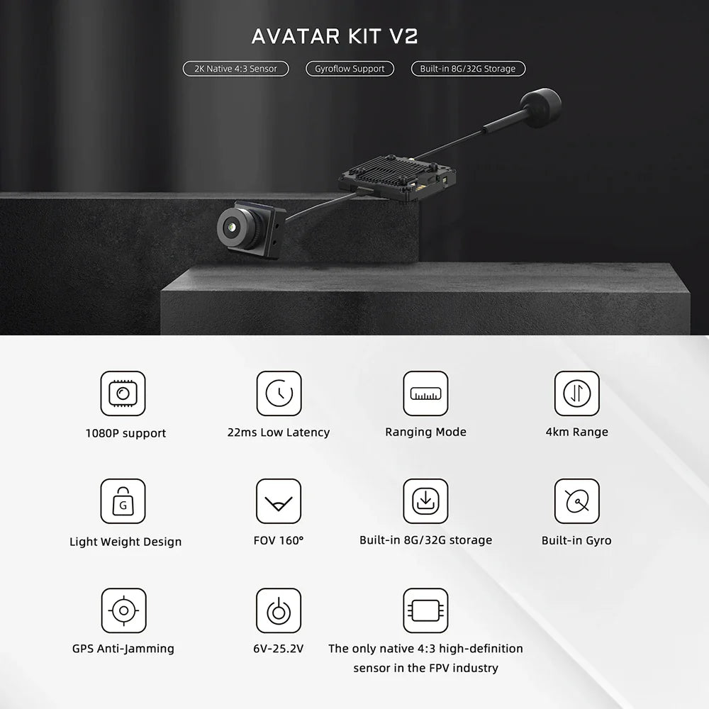 CADDX Walksnail Avatar HD Pro Kit V2 – FPV HD Kit with Gyroflow 8G/32G Camera for DJI