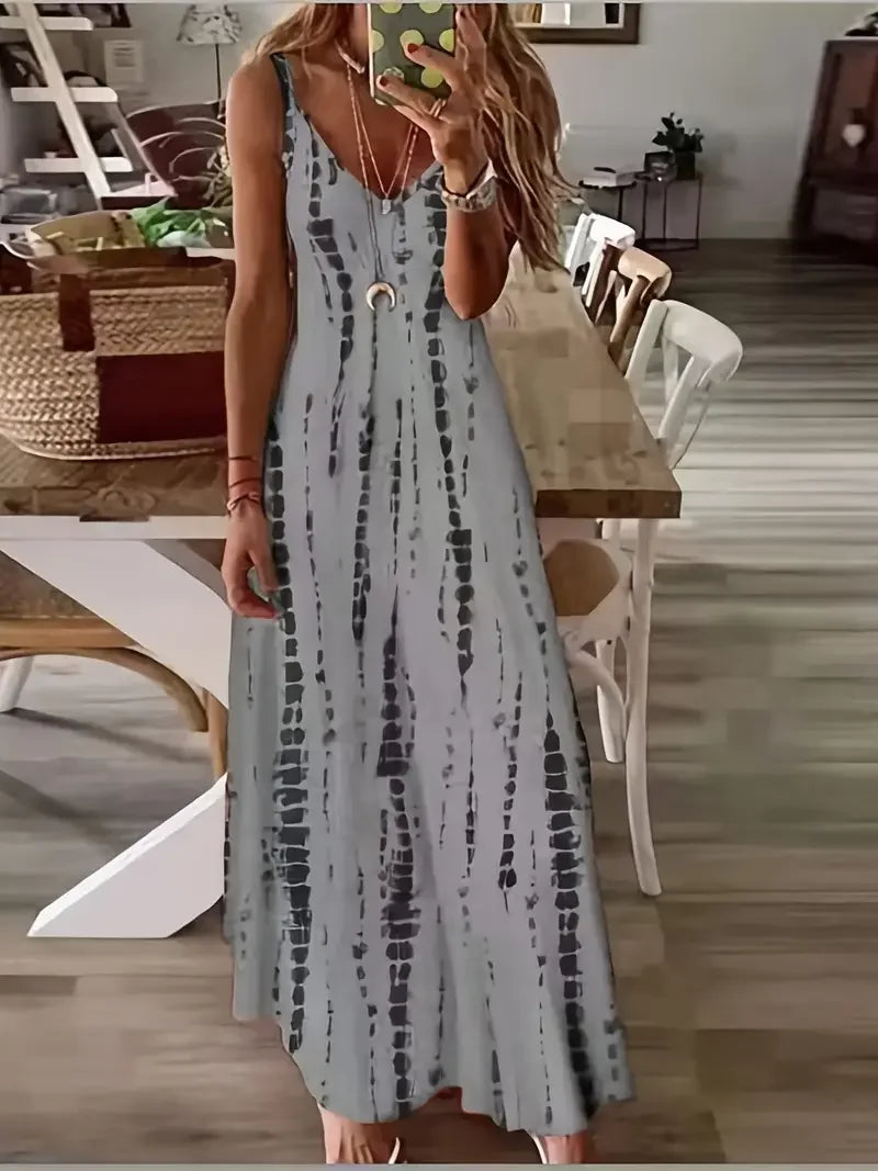 Women’s Casual Tie-Dye Maxi Dress – Loose V-Neck Spaghetti Strap Summer Beach & Vacation Long Dress