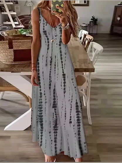 Women’s Casual Tie-Dye Maxi Dress – Loose V-Neck Spaghetti Strap Summer Beach & Vacation Long Dress