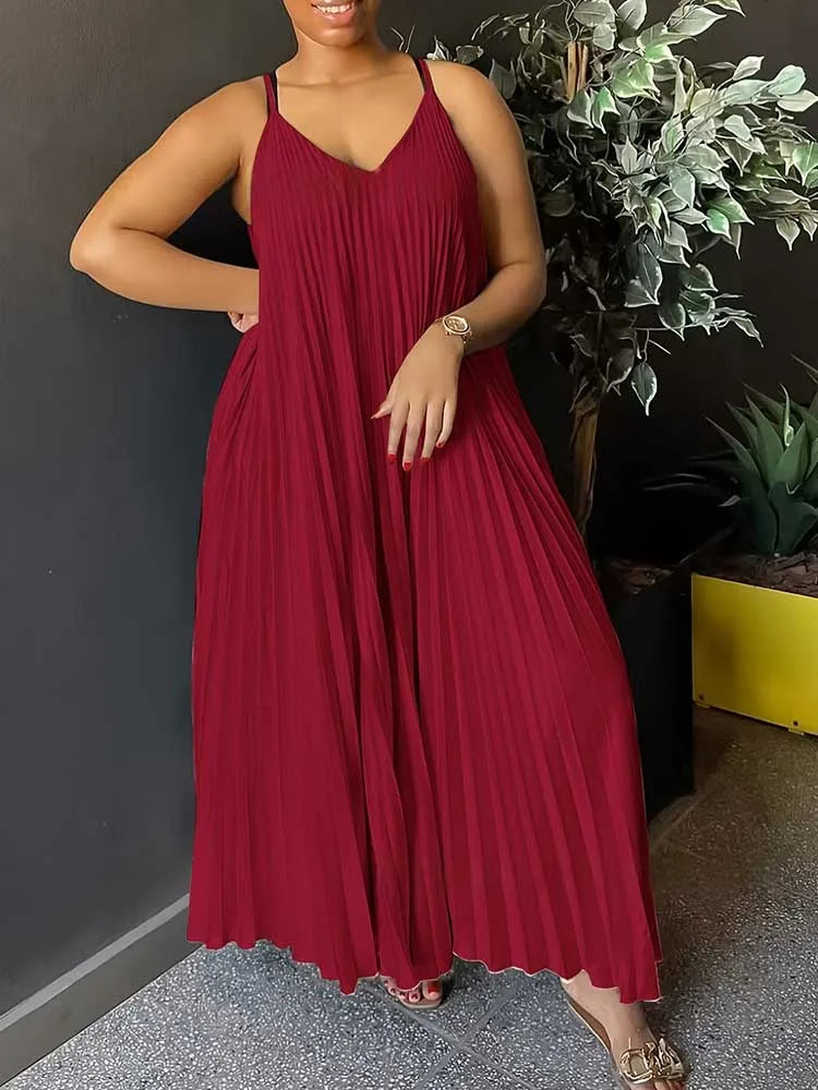 Women’s Summer Sleeveless V-Neck Dress – Elegant Pleated Loose Long Dress, Thin Straps, Plus Size