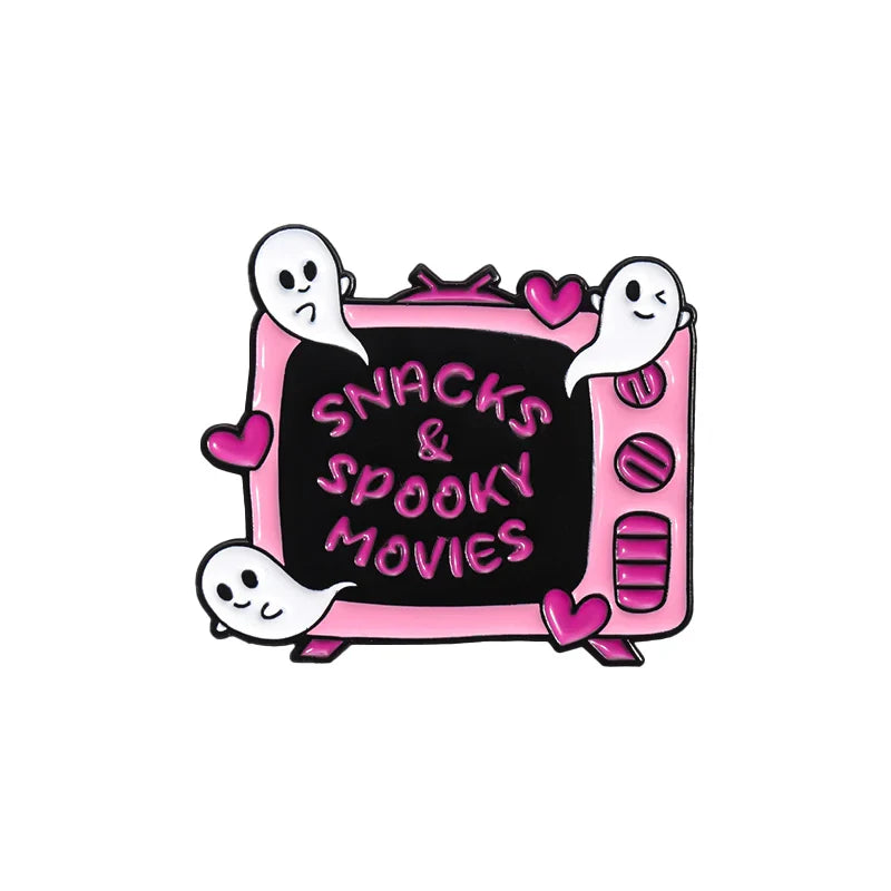 Pink Heart Brain Ghost Enamel Brooch – Gothic Retro Radio & TV Badge, Funny Punk Lapel Pin Jewelry Gift