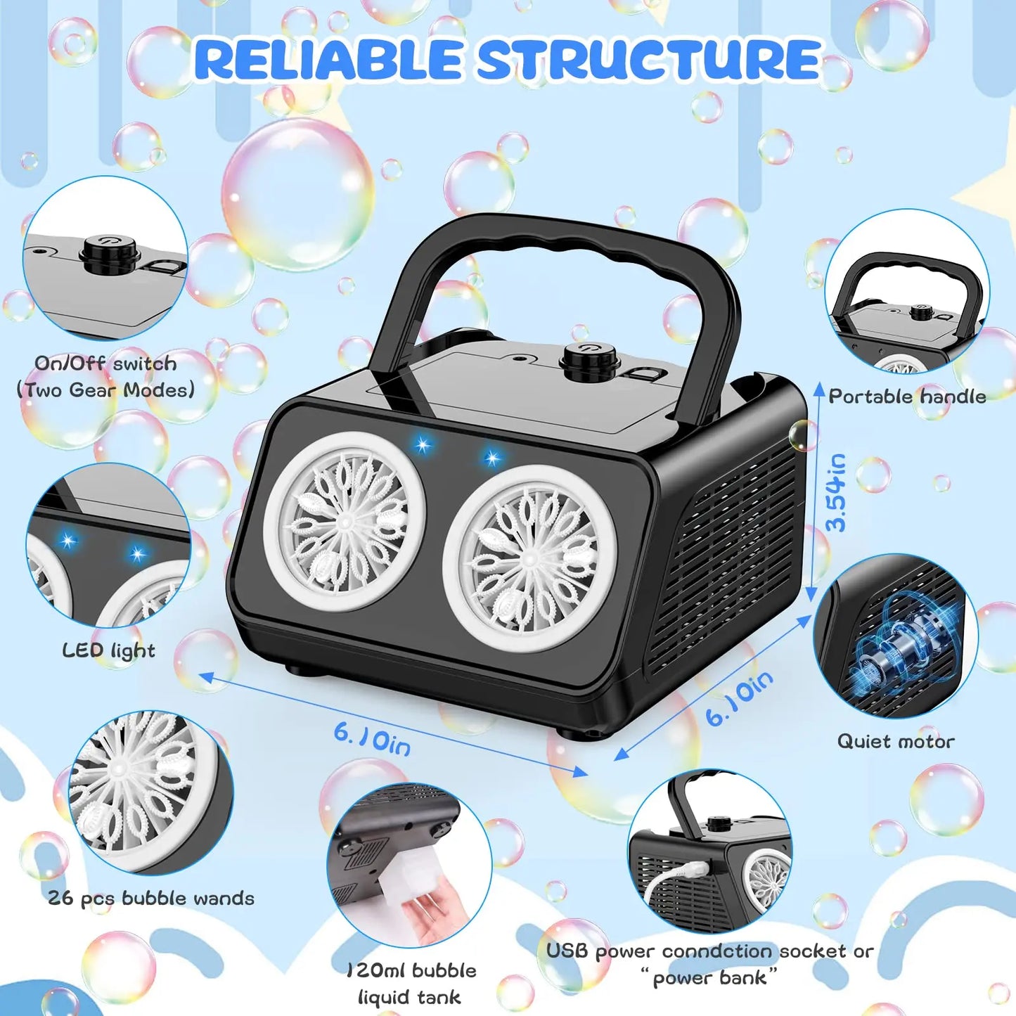 Automatic Bubble Machine with 2 Fans - Creates 20000+ Bubbles Per Minute - Portable Bubble Blower for Kids - Upgraded Bubble Maker