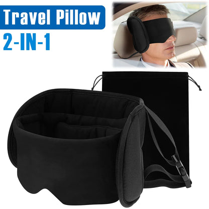2-in-1 Travel Neck Pillow with Eye Mask & Storage Bag – 360° Support Cotton Airplane Headrest