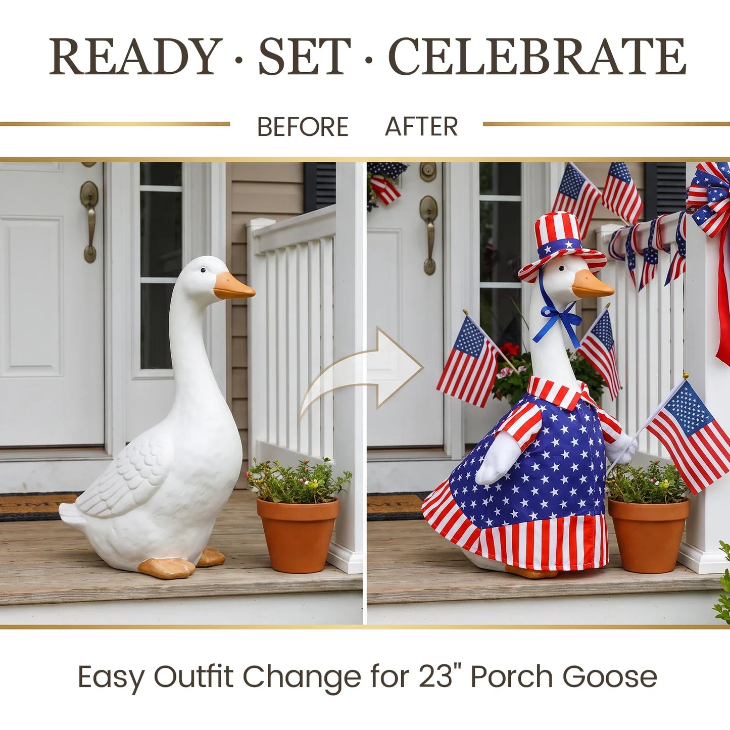 23-Inch Porch Goose Outfit - Seasonal Skirt, Hat & Clothes for Lawn Goose Statue Decoration