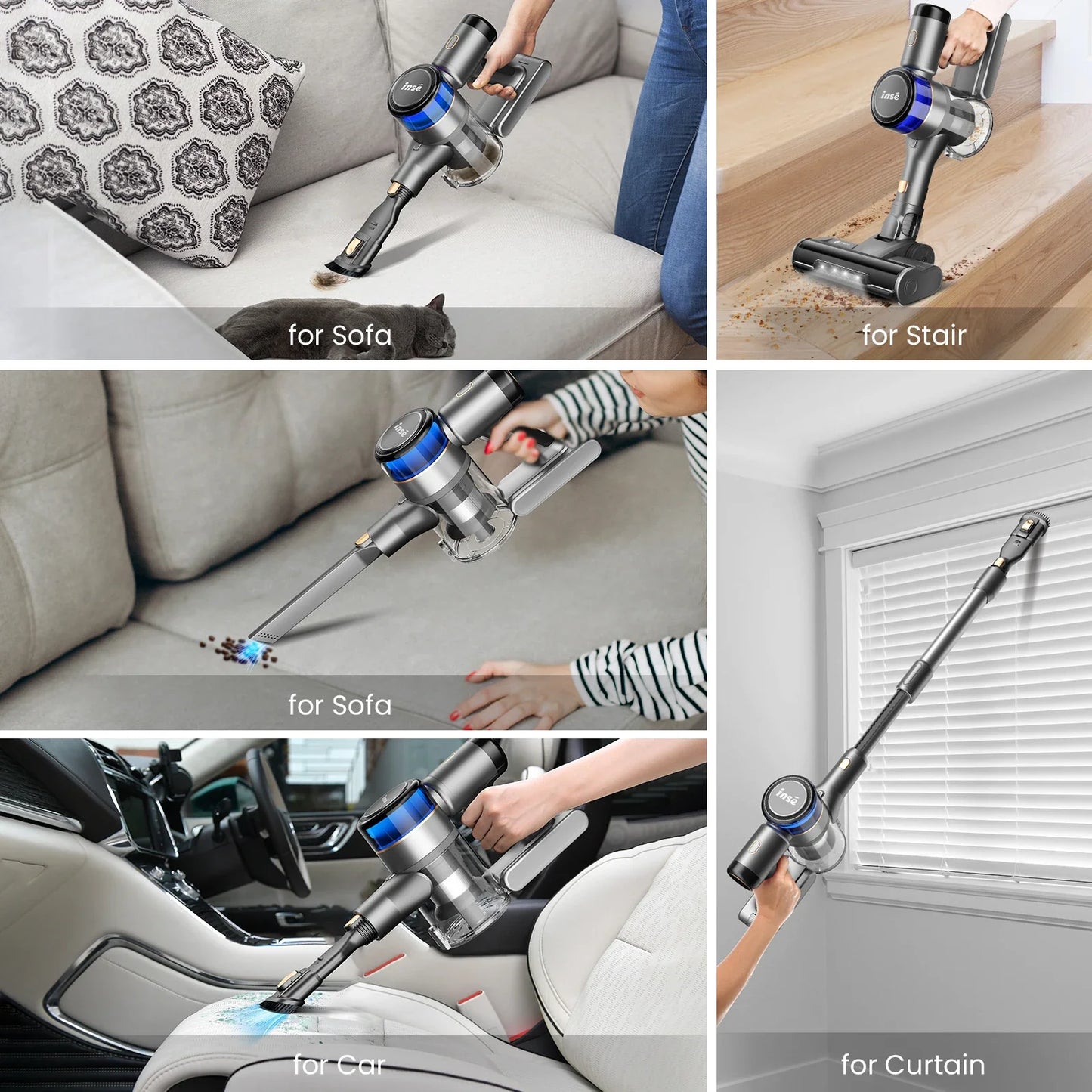 INSE S9 Stick Cordless Vacuum Cleaner - 400W, 30KPa Suction, Up to 55 Mins Runtime, 9-in-1 for Hardwood, Pet Hair, Home and Car